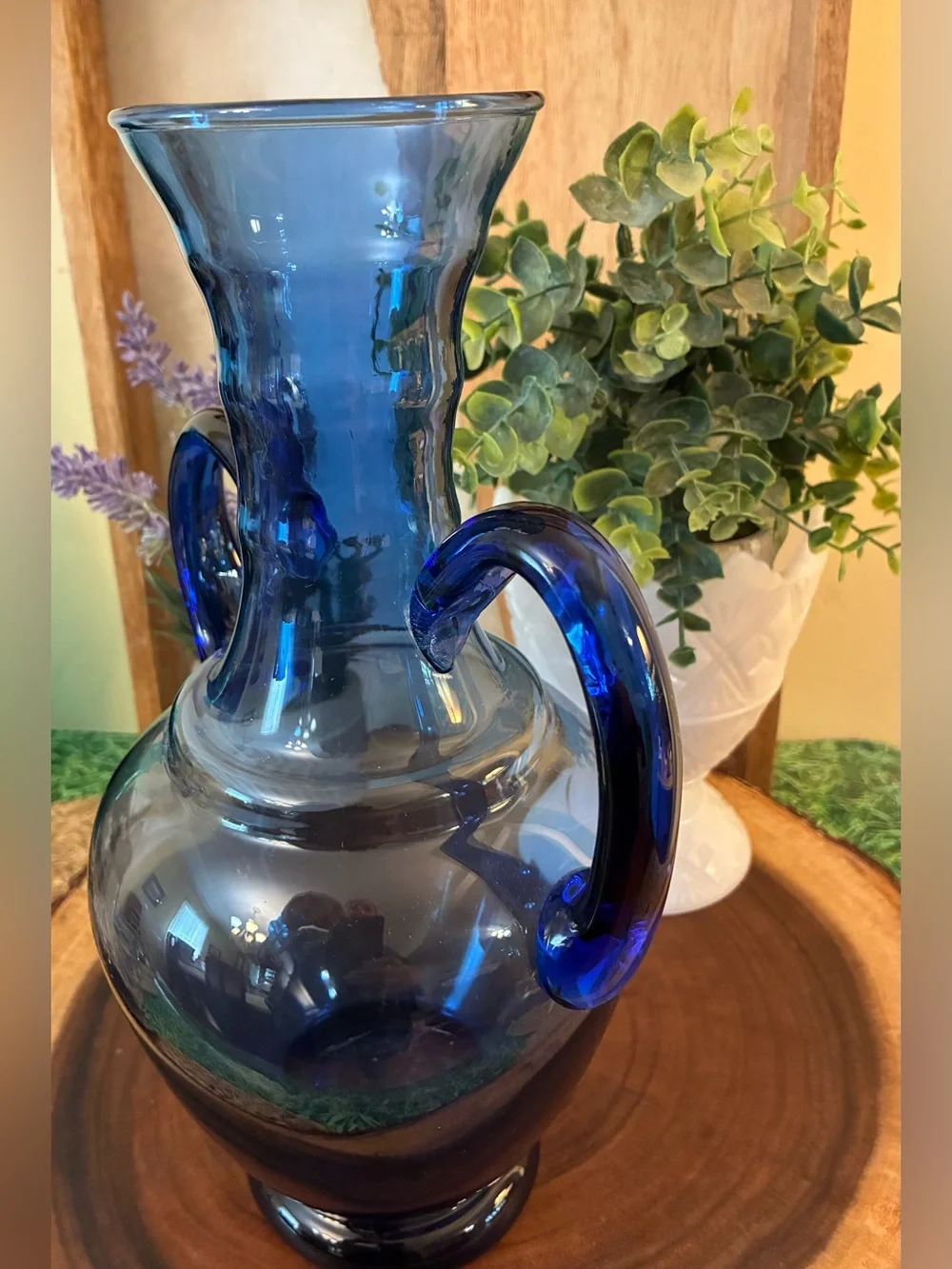 Vintage Cobalt Hand Crafted Double-Handled Blown Glass Vase